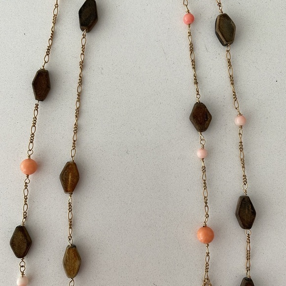Double Strand Peach Coral & Wood Bead Chain Necklace - Picture 5 of 7